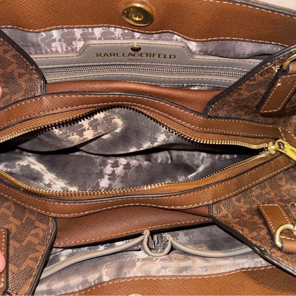 Karl Lagerfeld Paris Vegan Brown Monogram Triple Entry Tote Handbag - Picture 8 of 12